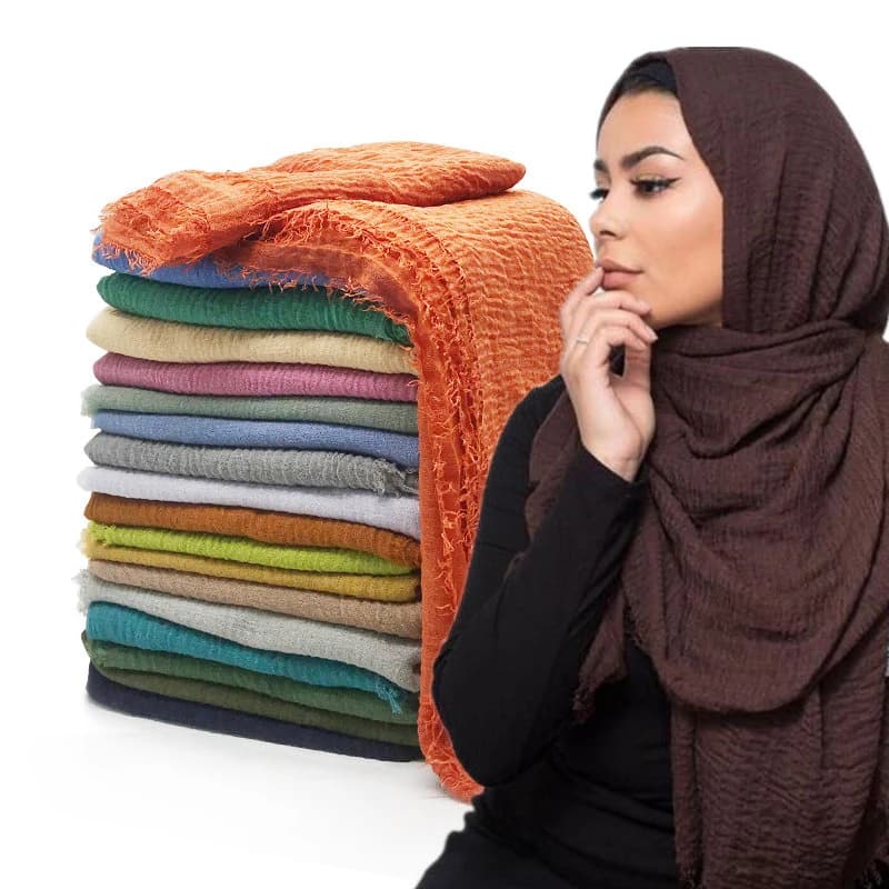 Hijab da donna in tessuto stropicciato, morbido e tinta unita, per moda musulmana 2026 - Sciarpe, turbanti e copricapo Hijab femme musulman kopftuch