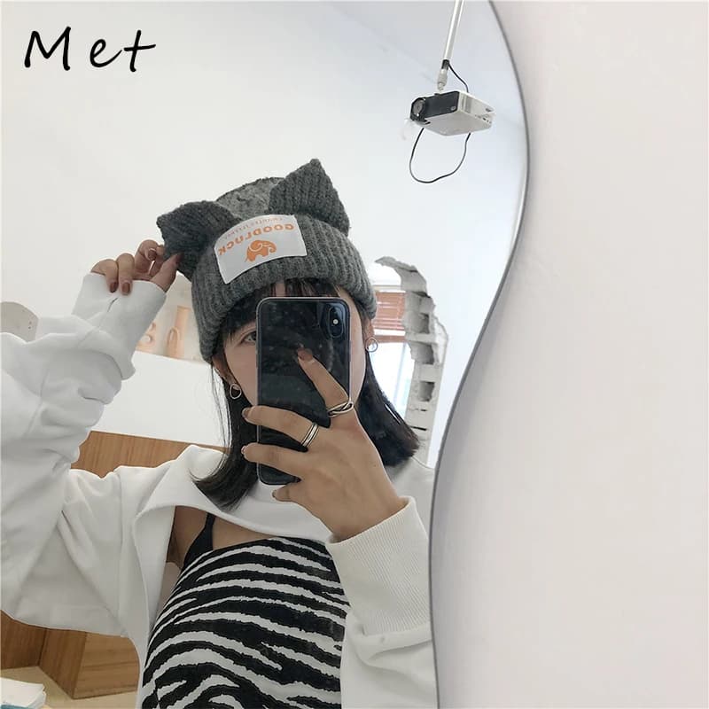 Women's Hat Bubble Hat Pig Ears Cute Patch Ears Woolen Hats Autumn And Winter Thickened Curled Knitted Hat couple Cold caps