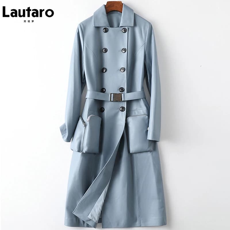Lautaro Autumn Long Soft Light Blue Leather Trench Coat for Women Belt Double Breasted Elegant Luxury British Style Fashion 2022