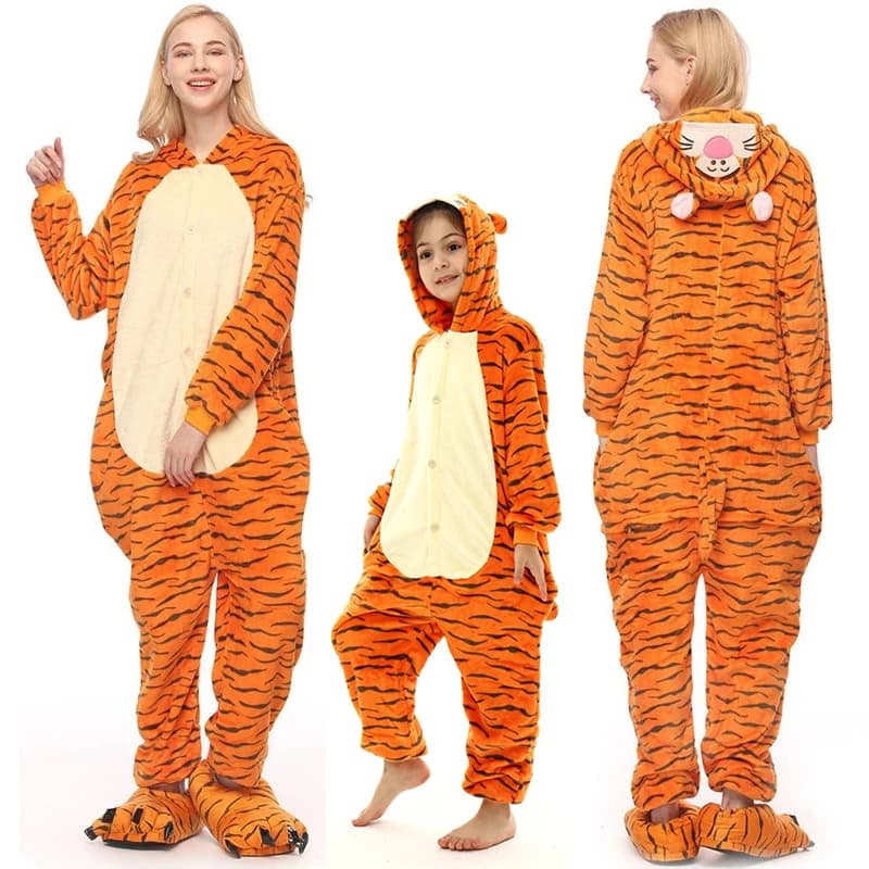 Pigiama tutina per adulti in pile tigre Natale Halloween Animale Cosplay Indumenti da notte Donna Uomo Bambini Famiglia Costume intero