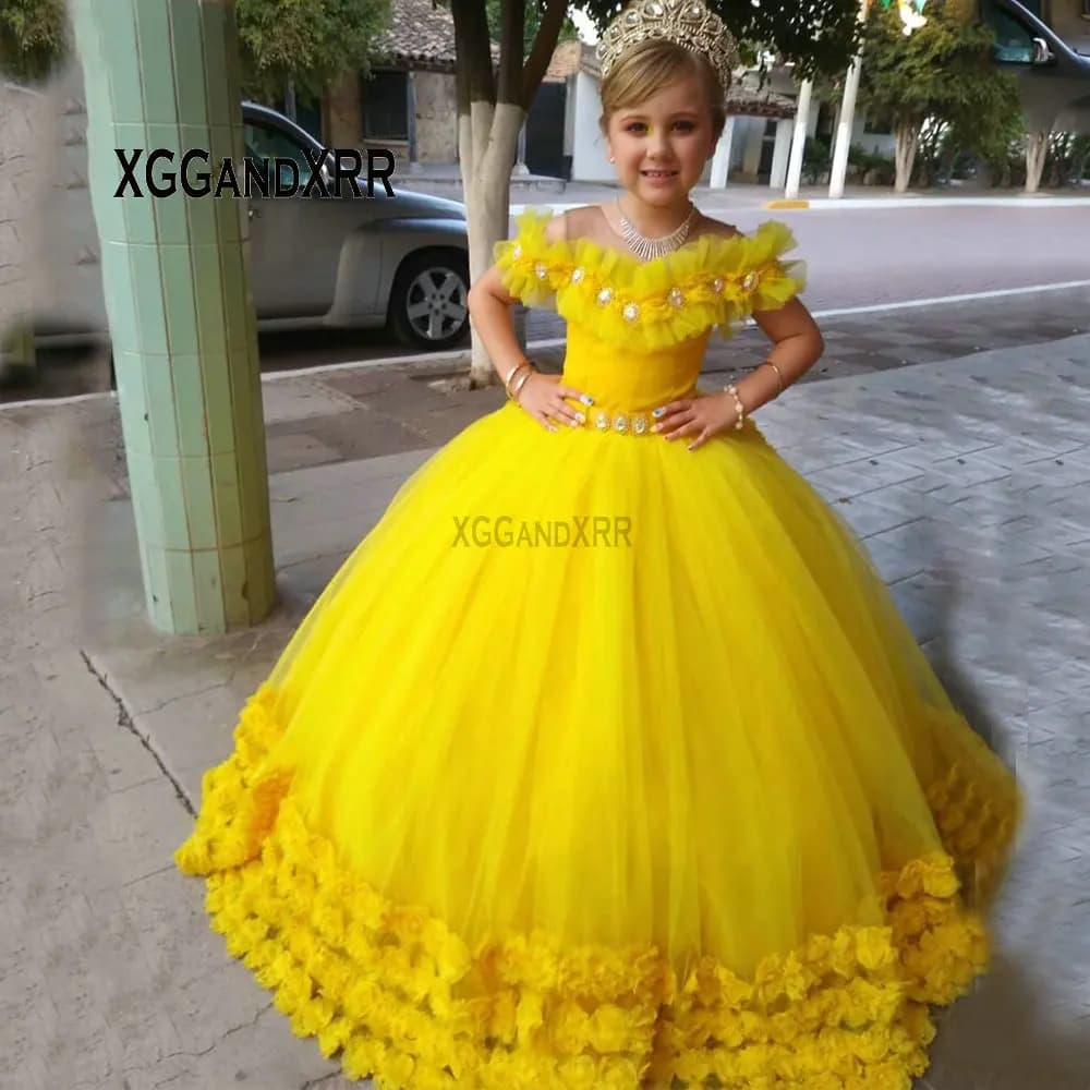 Bellissimo abito da ballo giallo personalizzato Abiti da ragazza di fiori Maniche corte 3D Floreale A Line Abito da bambina Abito lungo da gala