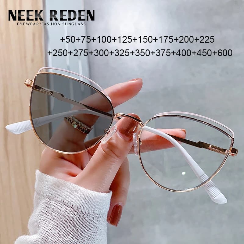 Cat Eye Photochromic Reading Sunglasses Ladies Anti Blue Rays Metal Frame Magnifier Eyewear Retro Women Change Color Glasses