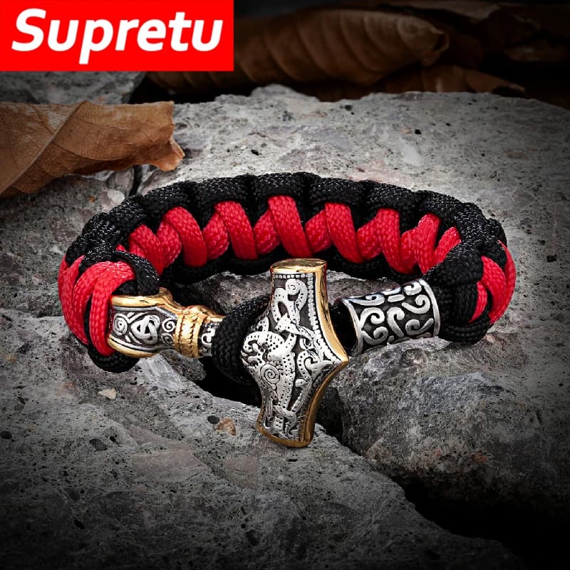 Braccialetti di sopravvivenza con martello di Thor vichingo fatti a mano Corda di paracord in acciaio inossidabile Amuleto nordico Mjolnir Gioielli scandinavi da uomo