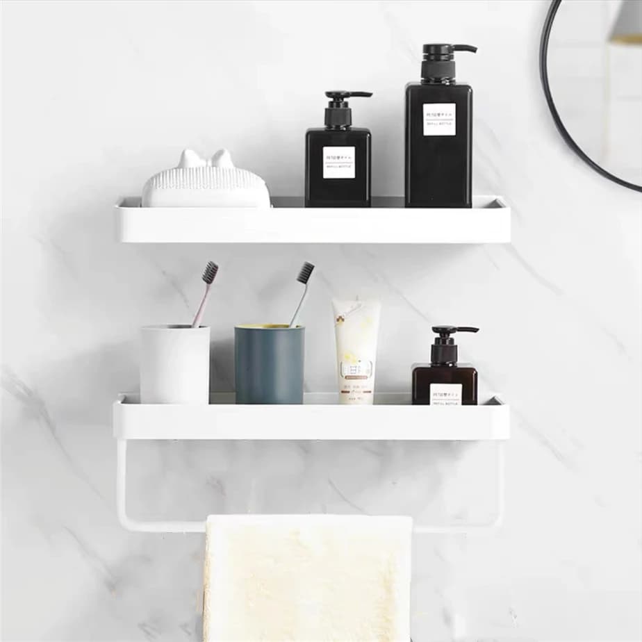 Mensola da Bagno in Alluminio Bianco, Portaoggetti da Parete con Barre Appendiabiti, Porta Shampoo per Cucina e Doccia, Scaffali Multiuso