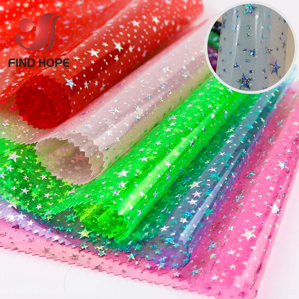 Tessuto olografico iridescente in vinile PVC stellato, trasparente, trasparente, con fiocco fai da te, astuccio artigianale, foglio/rotolo di materiale fatto a mano