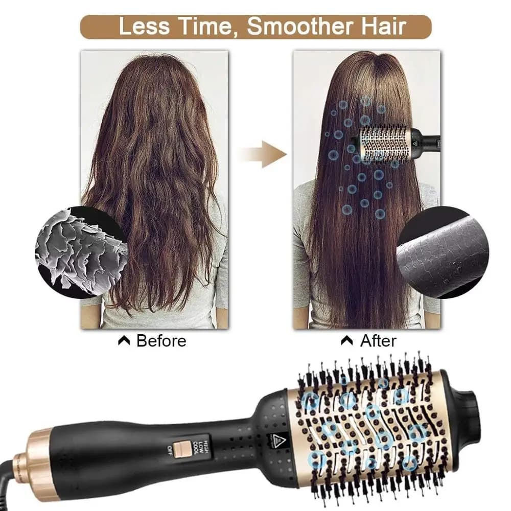 Asciugacapelli e Volumizzatore Gold One Step, Spazzola Magica per Lisciare e Arricciare, Asciugacapelli Rotante ad Aria Calda, Pettine Districante per Capelli