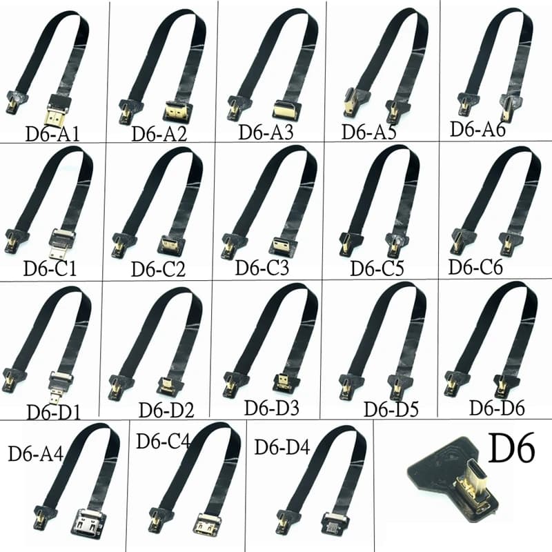 D6 Ribbon Flat FPV compatible cable HDMI Micro HDTV to Mini HD 90 degrees left right Up adapter FPC Pitch plug connector 20pin