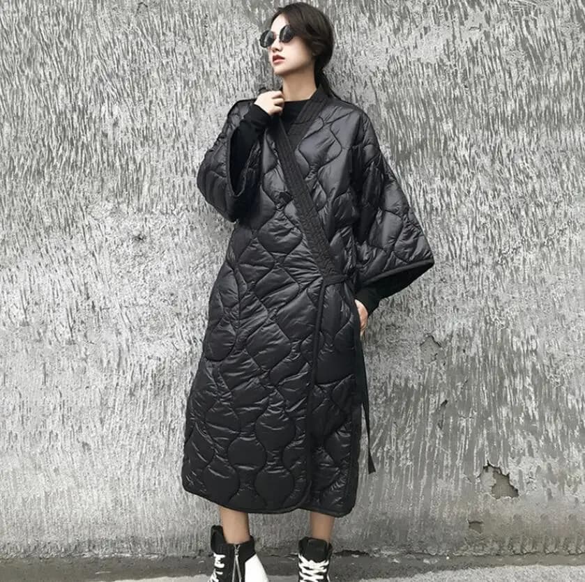 2022 nero scuro inverno Kimono giapponese fasciatura abito sciolto lungo cotone imbottito giacca invernale caldo cappotto lungo LM88