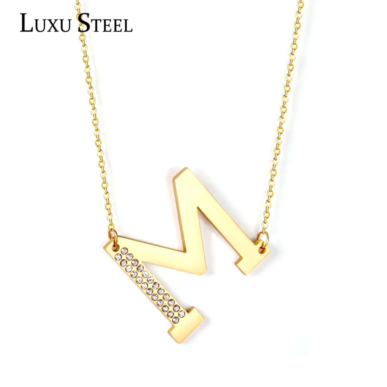 LUXUSSTEL CZ Letter M Pendant Necklace Trendy Style Gold Color High Quality Stainless Steel 26 Initial Collars Chains