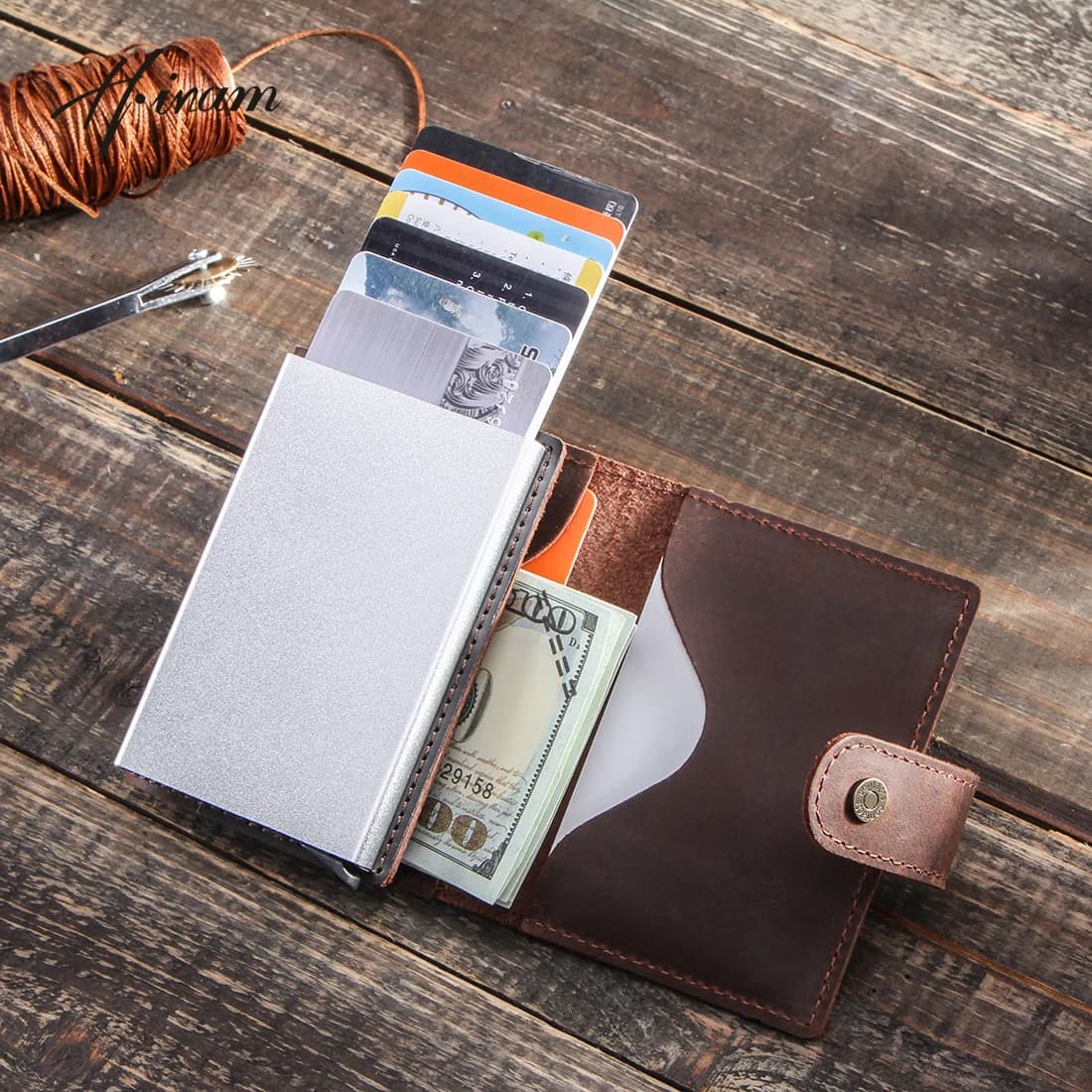 Hiram portafoglio uomo soldi Mini borsa maschio alluminio Rfid blocco porta carte di credito portafoglio piccolo portamonete in pelle