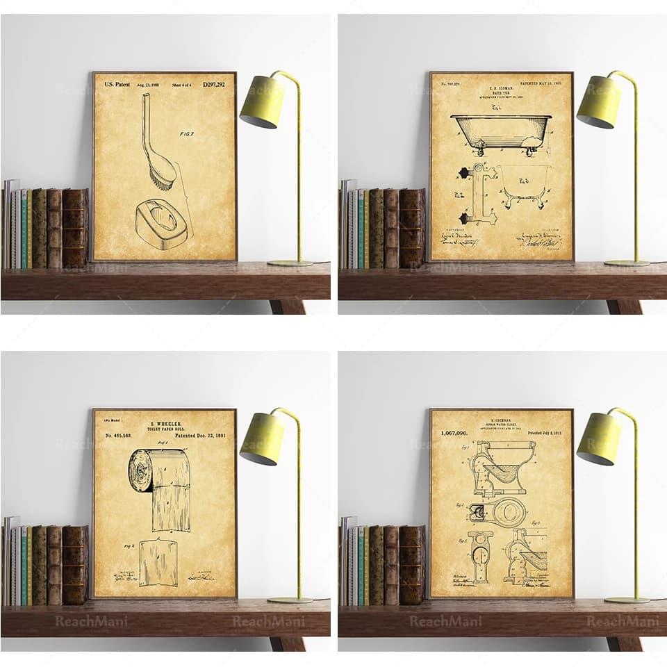 Set da 4 pezzi per brevetto da bagno, vasca da bagno, carta igienica, WC, spazzola per ciotola, arte brevettata, poster decorativo per il bagno