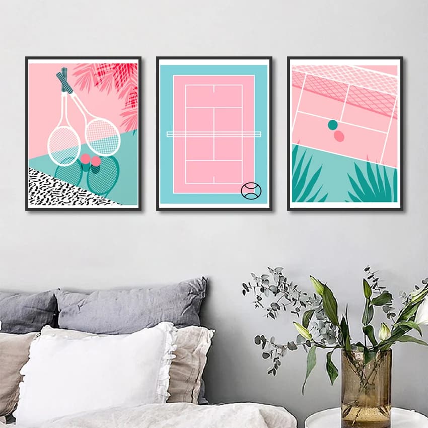 Racchette e palline da tennis in stile moderno Campo da tennis rosa Pittura su tela Poster e stampe Immagini a parete per l'arredamento del soggiorno