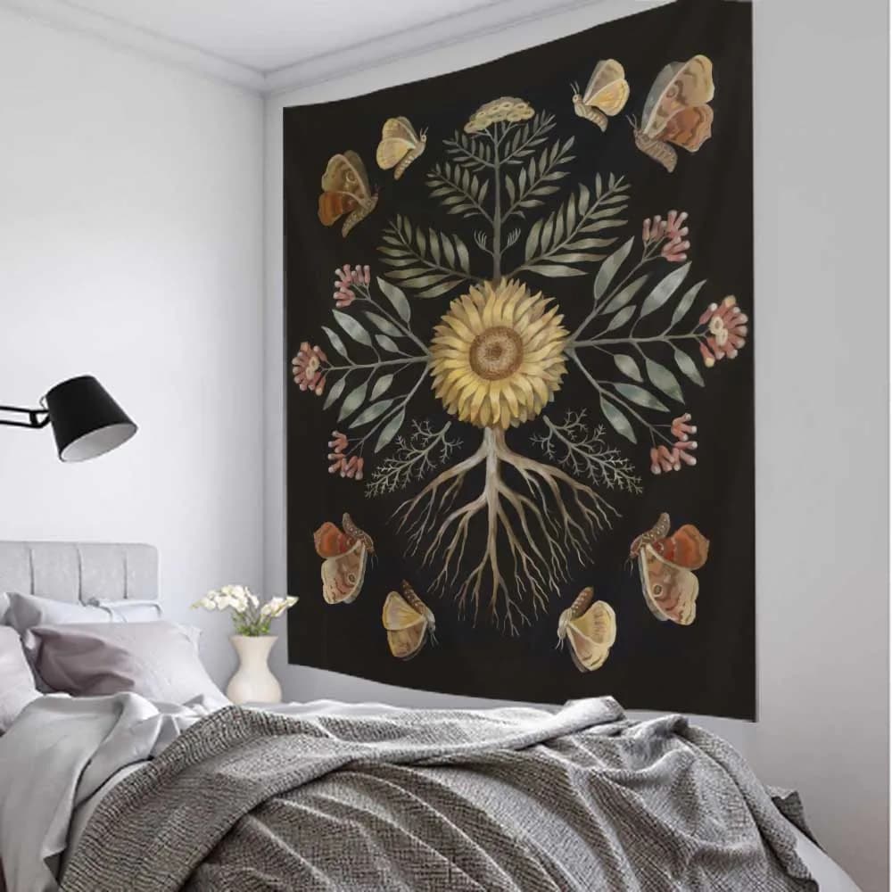 Butterfly art tapestry plant psychedelic illustration hanging wall bohemian aesthetic room wall decoration yoga mat beach mat
