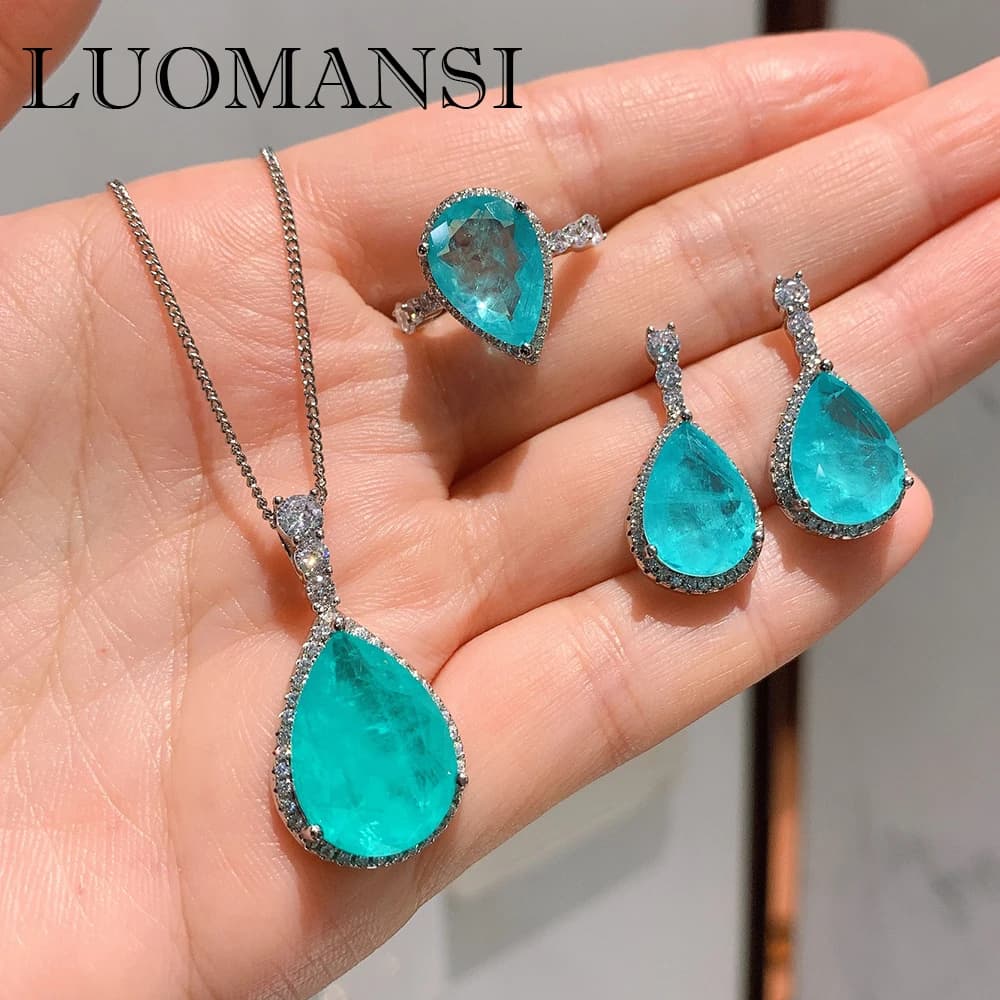Luomansi lusso 925 sterling silver paraiba tormalina pietra preziosa orecchini/pendente/collana/anello set di gioielli da sposa all'ingrosso