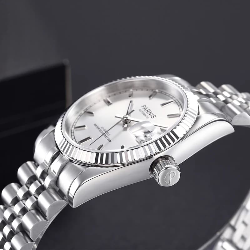 Casual Parnis 36MM Silver Dial Men Watch Automatic Women Stainless Steel Bracelet Mechanical Calendar Sapphire Crystal Watches