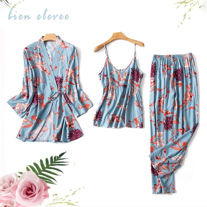 Pigiama da donna Sexy pigiama set pigiama stampato floreale Femme Robe per abito da donna primavera estate pigiami Pijama 3 pezzi