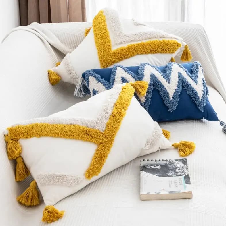 Fodera per cuscino trapuntata marocchina con nappe ricamate quadrate in cotone e lino Federa per cuscino per divano letto