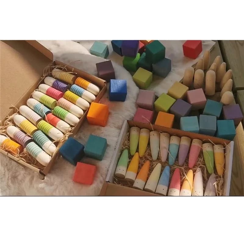 Bambini Legno Montessori Giocattoli Arcobaleno Spara Palos Bastoni con Piccoli Occhi Peg Bambole Cubi Pastello Parti Allentate Aperte