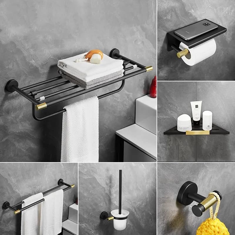 Set di accessori per il bagno in acciaio inossidabile oro nero, portasciugamani a parete, portaoggetti per carta, chiodo con gancio singolo incluso