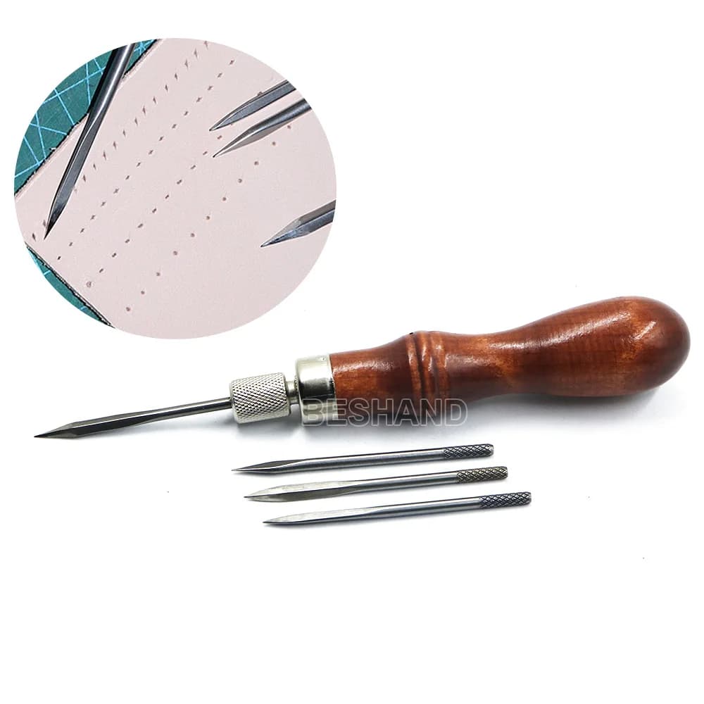 Leather Craft Awl Tool Kit 4 in 1 Diamond Awl Pricking Iron with Wood Handle for Leather Sewing Lacing Stitching Drilling Holes