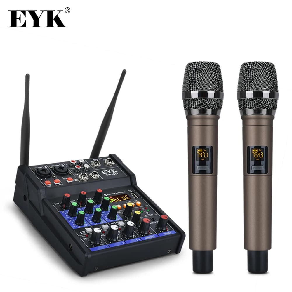EYK EMC-G04 Audio mixaggio con UHF Wireless microfono 4 canali Mixer Stereo Console Bluetooth USB per DJ Karaoke PC Record