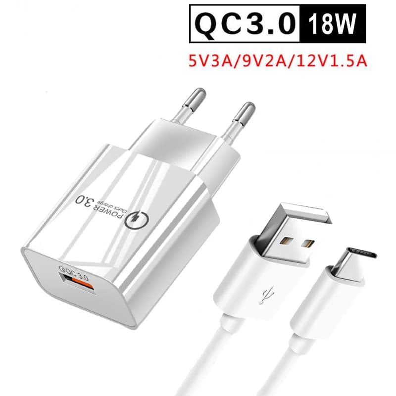 Caricatore del telefono USB Quick Charge 3.0 da 18 W per Samsung M32 M12 M21 A22 A32 A52 A72 A12 Caricatore da muro 5G + cavo di ricarica USB di tipo C
