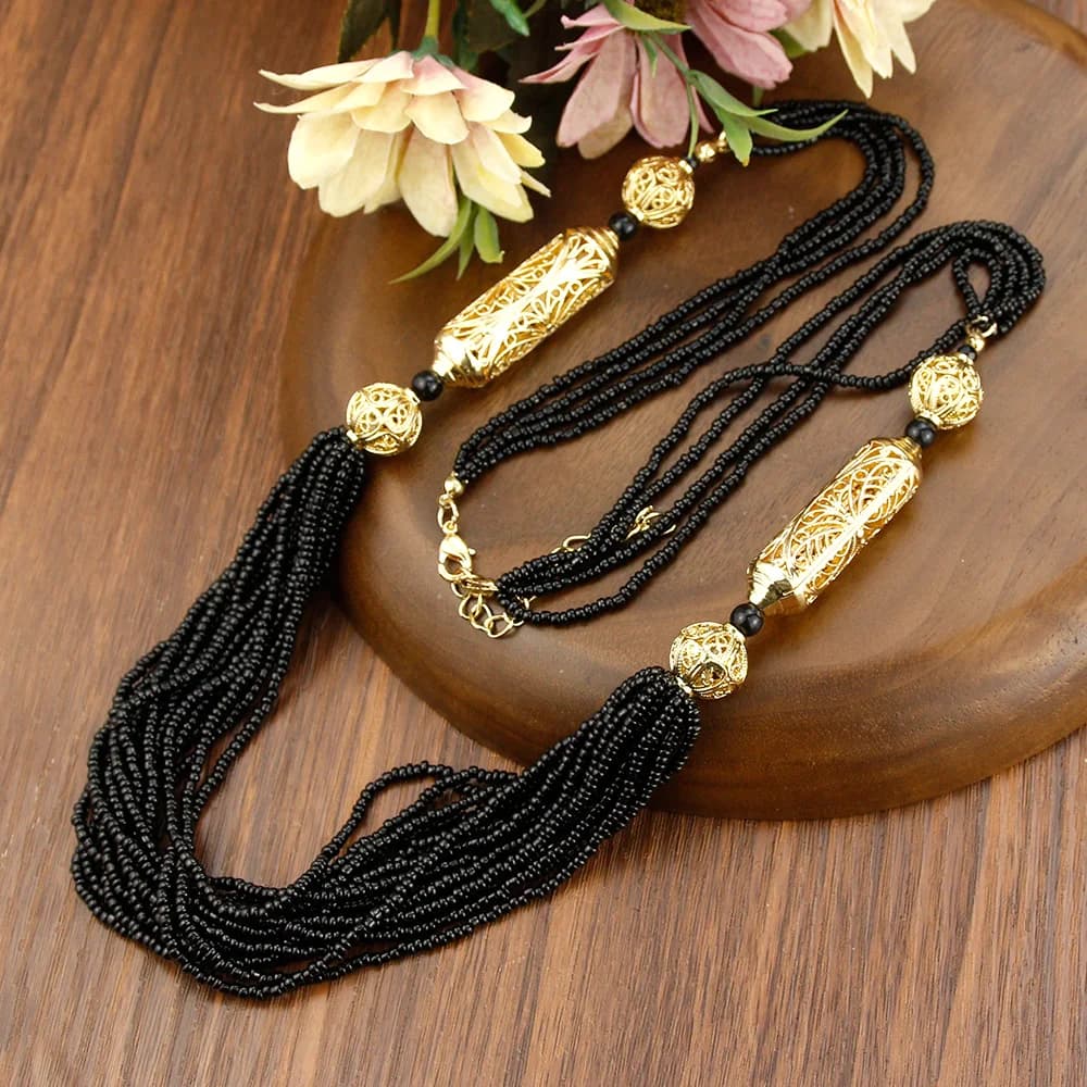 Sunspicems Collana di perline marocchine color oro Catena multistrato a mano Algeria Sposa Gioielli da sposa Collana girocollo in caftano di cristallo