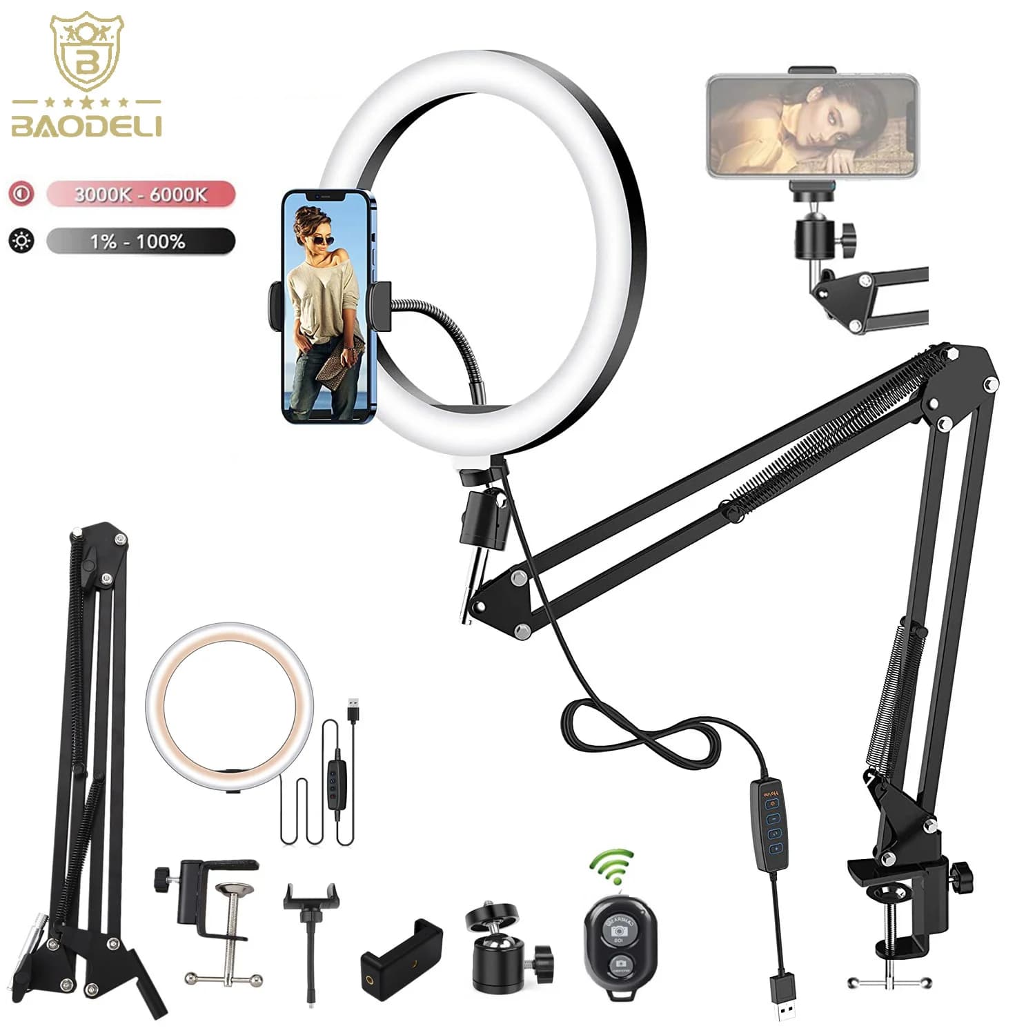 Supporto per telefono con luce ad anello per selfie a LED con braccio pieghevole Cerchio di luce di riempimento Treppiede dimmerabile Anello luminoso per fotografia per streaming YouTobe