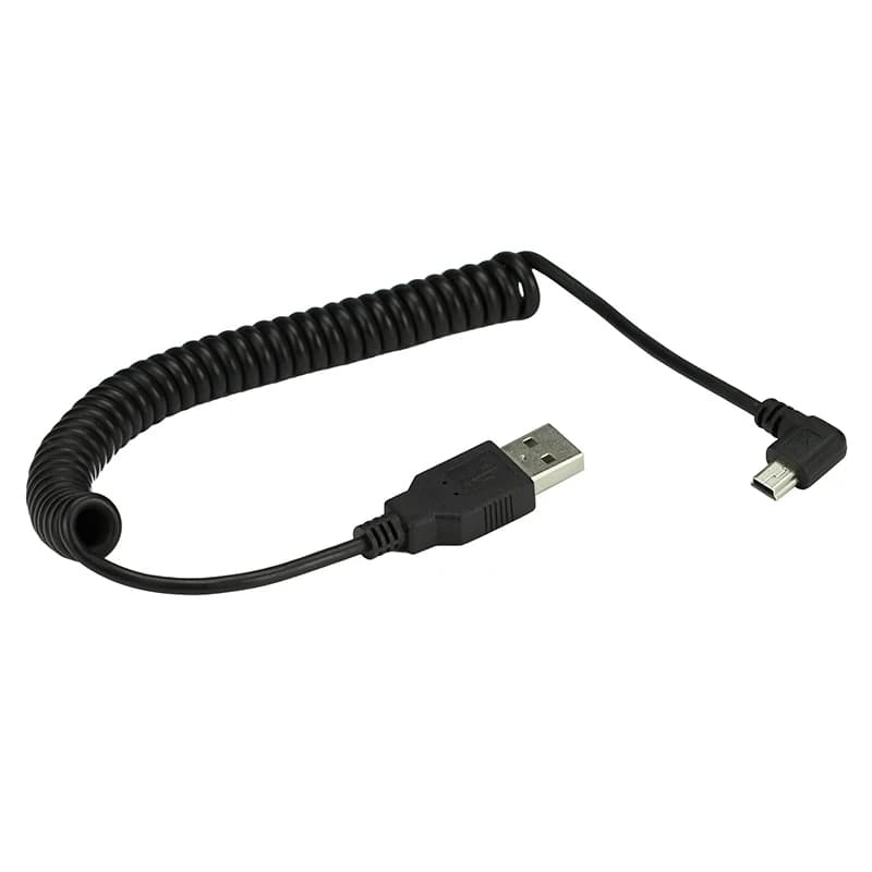 Spring Coiled Mini USB 5Pin Left or Right Angled To USB 2.0 Male Data Charging Cable 40cm
