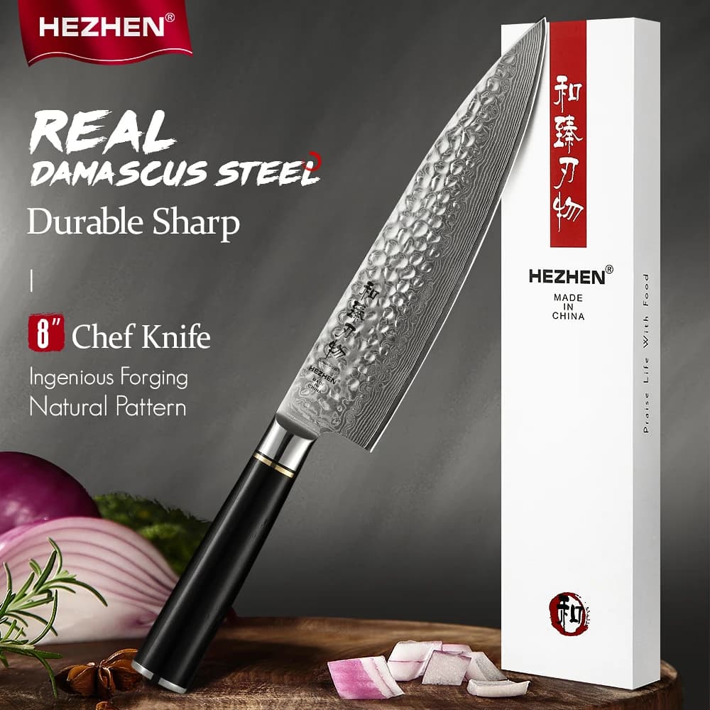HEZHEN 8 inch professional Japanese cook knives High carbon sharp blade Damascus steel kitchen knife Kitchen knife
