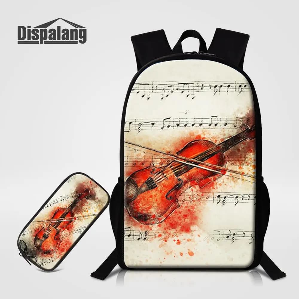 Fashion Violin Print Backpack Set 2PCS, School Bag with Pencil Case for Women Students, Travel Rucksack