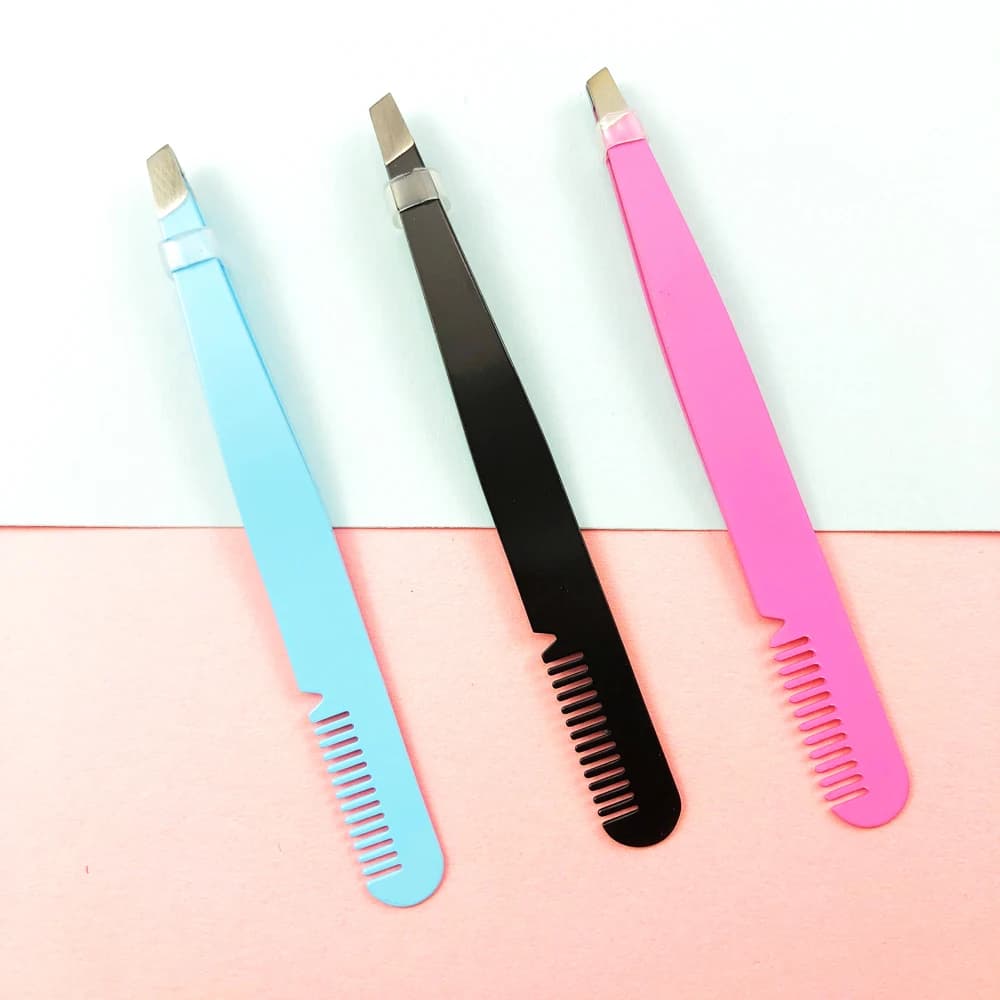 3pcs multifunctional eyebrow tweezers with eyebrow comb tool for fake eyelash applicator tool for eyebrow-black, blue, pink