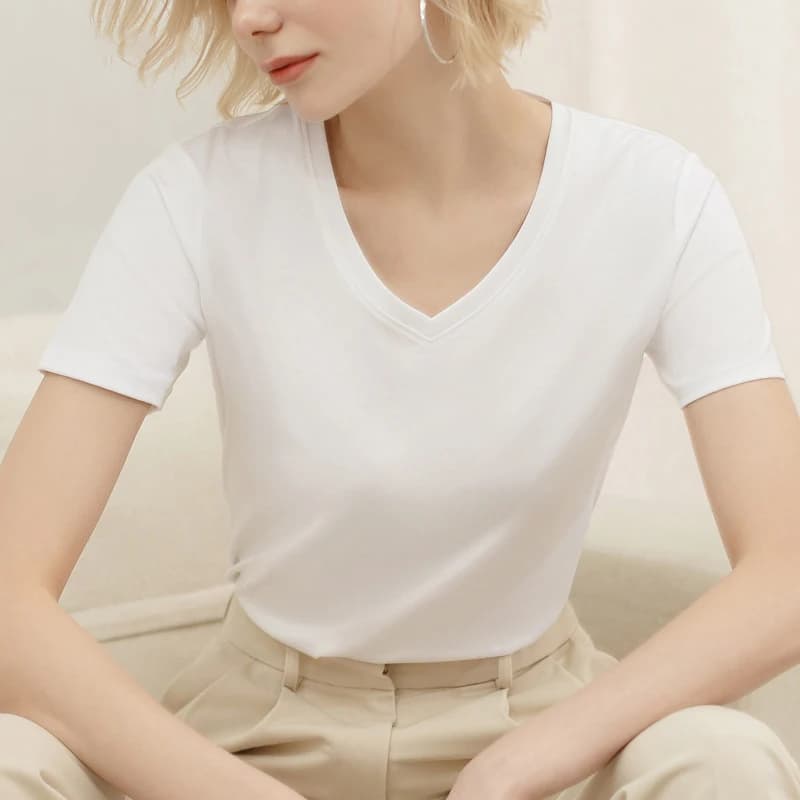 T-shirt estiva in cotone 95% donna solido scollo a v manica corta semplice Basic Harajuku T-shirt donna Top Camisetas Verano Mujer