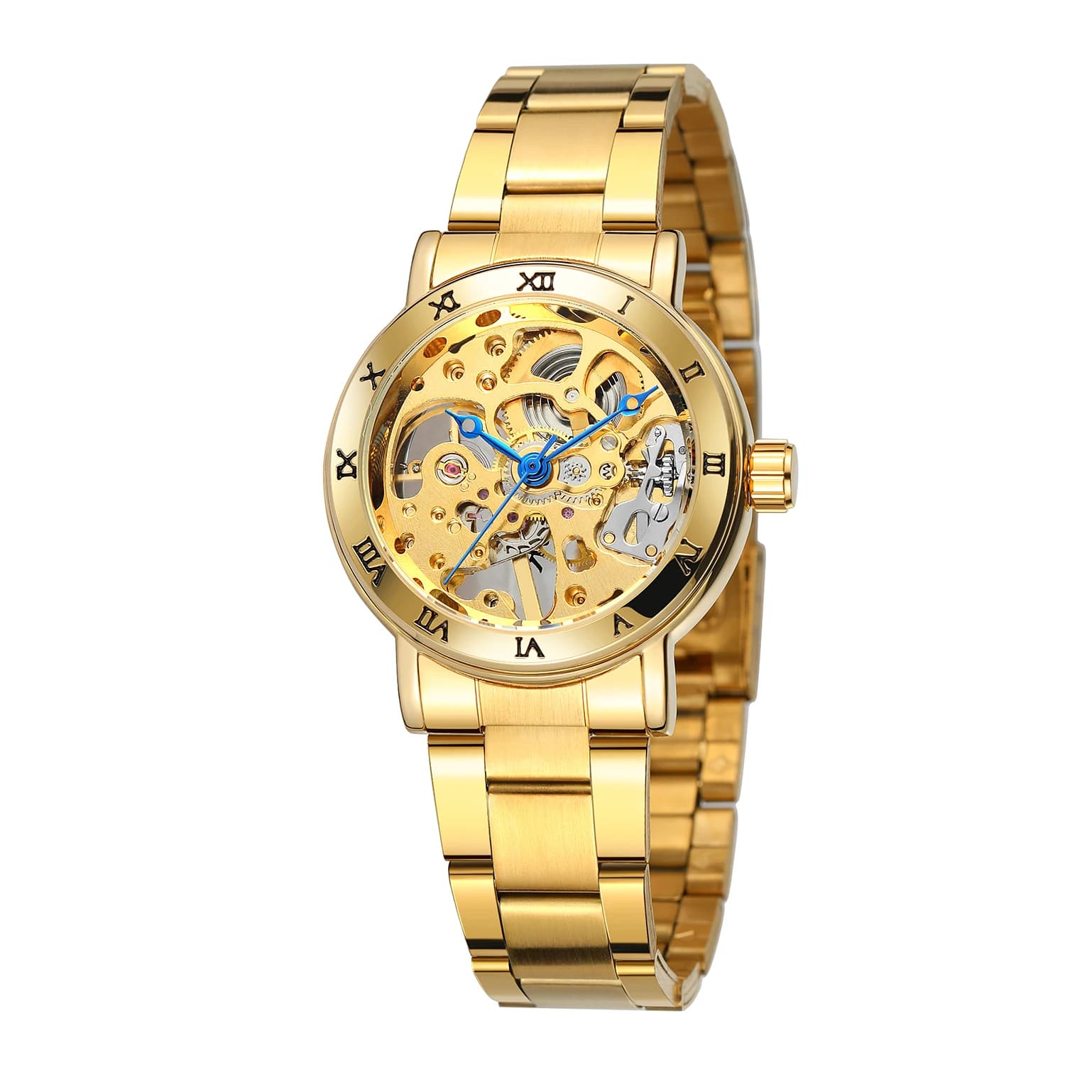 T-winner Blue Hand Roman Numeral Mechanical Watch Gold Hollow Steel Band Watch Round Alloy Ladies Watch