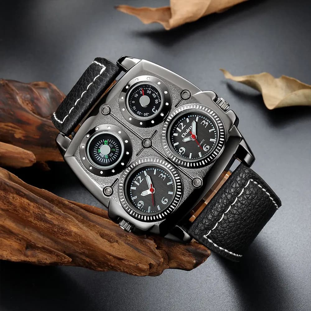Oulm men's watches two time zones Army Pilot Style Watch Military Quartz watch large size men's wristwatch with leather strap