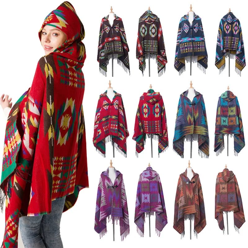 Sciarpa scialle bohemien multifunzione etnica felpe con frange tribali cardigan a righe coperte scialle a mantella nappe cappotto Poncho