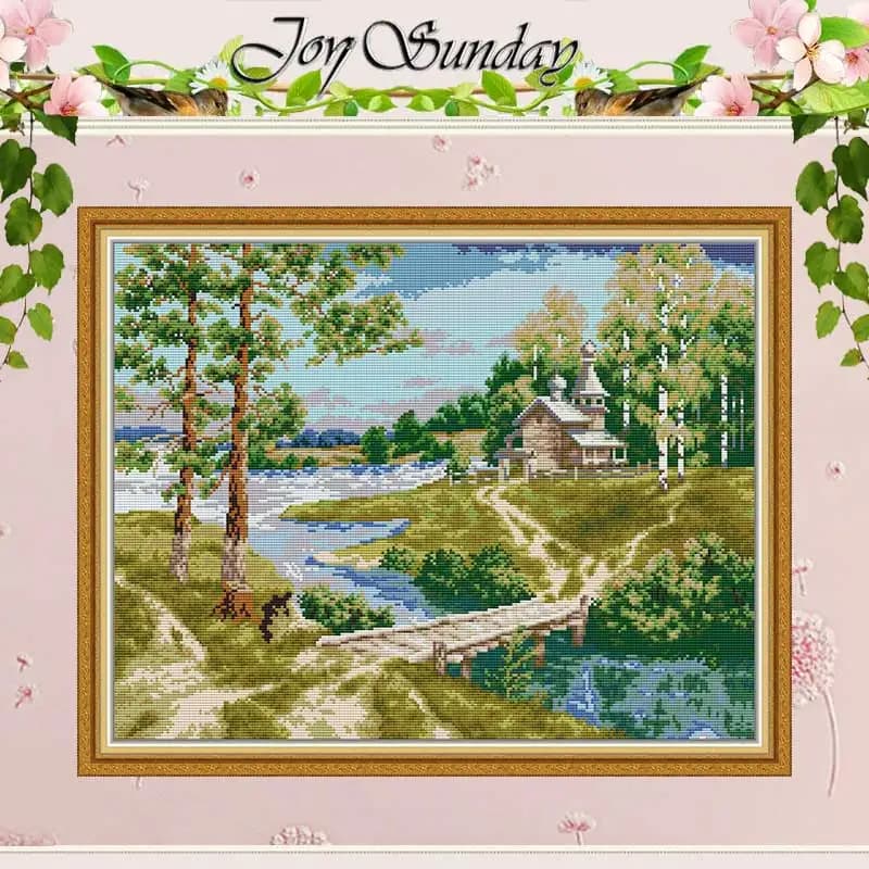 Church by the River Counted Cross Stitch Set 11CT 14CT Stamped DIY Handmade Chinese DMC Cross-stitch Kit Embroidery Needlework