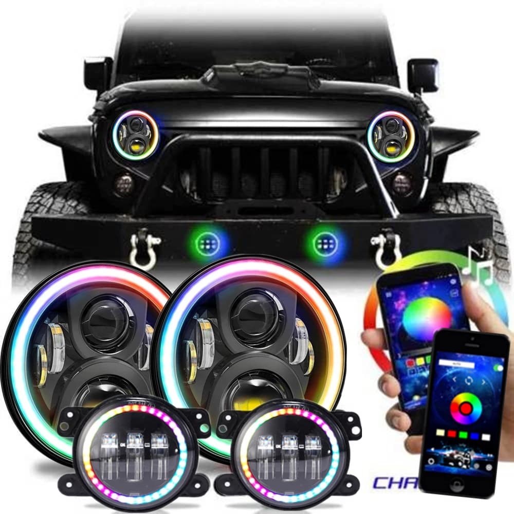 Faro a LED RGB Halo da 7 pollici con controllo tramite app Bluetooth e fendinebbia anteriori da 4 pollici per accessori Jeep Wrangler JK 2007-2017