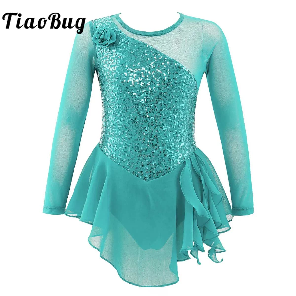 Vestito da body da ginnastica con paillettes a maniche lunghe in rete per bambini per ragazze, spettacolo teatrale, balletto, danza, pattinaggio su ghiaccio