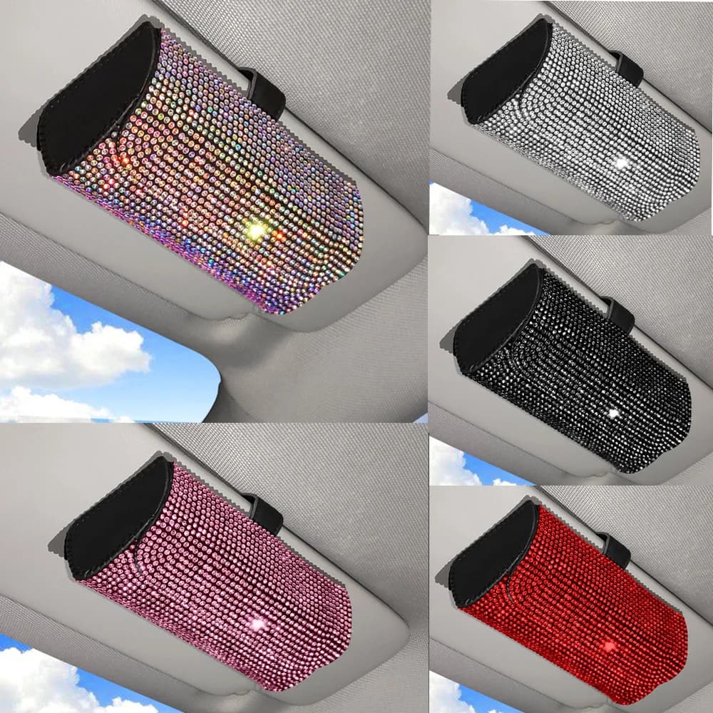 Custodia per occhiali per auto in cristallo Scatola per occhiali da sole Porta occhiali Visiera parasole Custodia per occhiali Bling Car Assessoires Interni per le donne