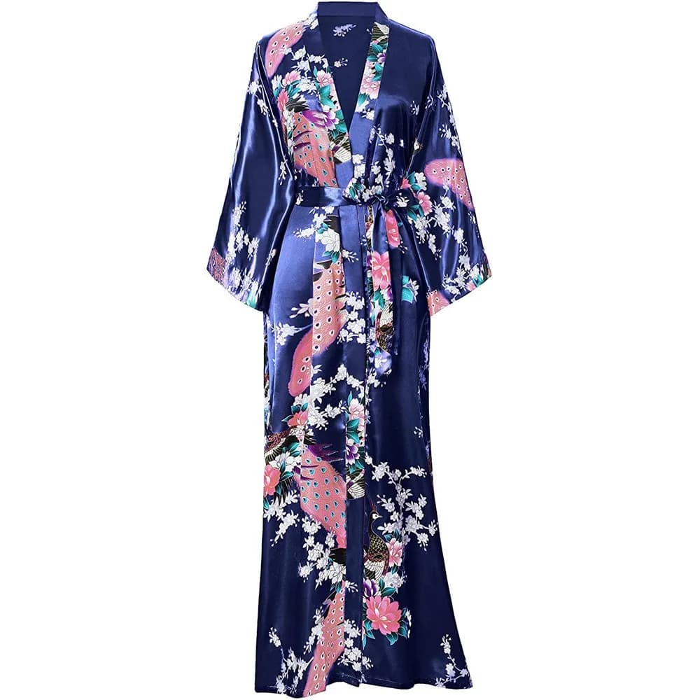 Women's Long Veste Large Size Kimono Bathrobe Dress Spring Summer Night Shirts Nightwear News Printing News Printer Dresses Silk Satin Home Dresses