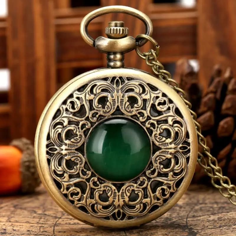 Exquisite quartz pocket watch with simple emerald green stone bronze case with chain pendant with white dial for women