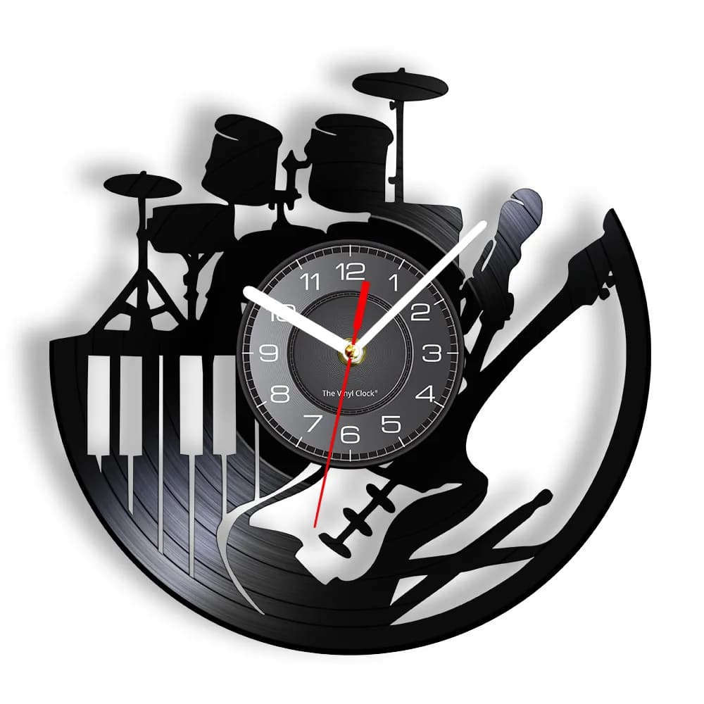 Set di tamburi per chitarra elettrica Set di dischi in vinile orologio da parete Band Music Musical Intrument Room Sign Retro CD Disc Rock n Roll Gift