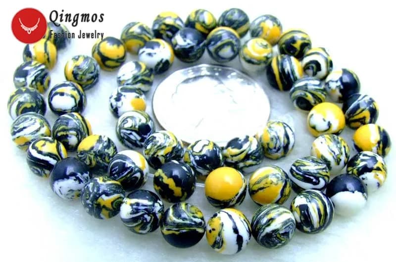 Qingmos Perline Rotonde in Agata Gialla Multicolore da 8mm per Creazione Gioielli Fai da Te Collane Bracciali Orecchini Fili Sciolti 15" los579