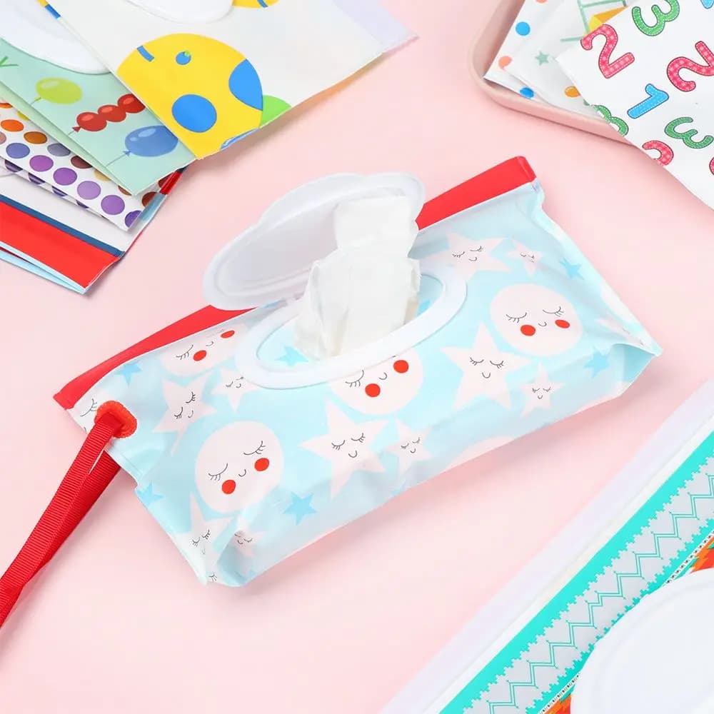 Simpatico utile custodia per il trasporto con cinturino a scatto Flip Cover Prodotto per bambini Salviette umidificate Borsa per fazzoletti Accessori per passeggino Custodia per cosmetici