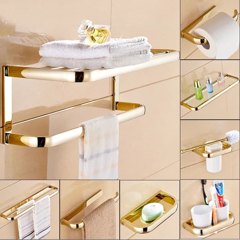 Hardware per il bagno quadrato in ottone lucido dorato Mensola per asciugamani Porta asciugamani Porta carta Gancio per stoffa Accessorio per il bagno Kxz014