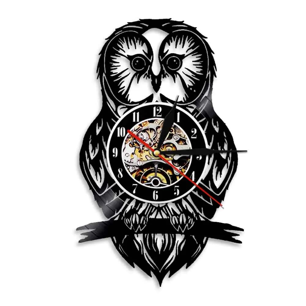 Night Owl Vinyl Record Wall Clock Animal Bird Creative Time Clock Wall Watch Modern Design Nursery Kid Bedroom Hanging Decor