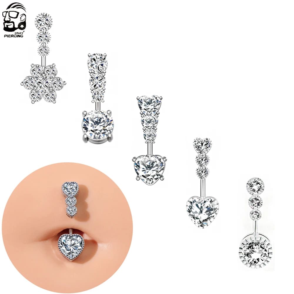 4 Crystals Belly Button Rings for Women Girl Surgical Steel CZ Navel Ring Set Cute Heart Belly Rings Piercing Body Jewelry Oreja