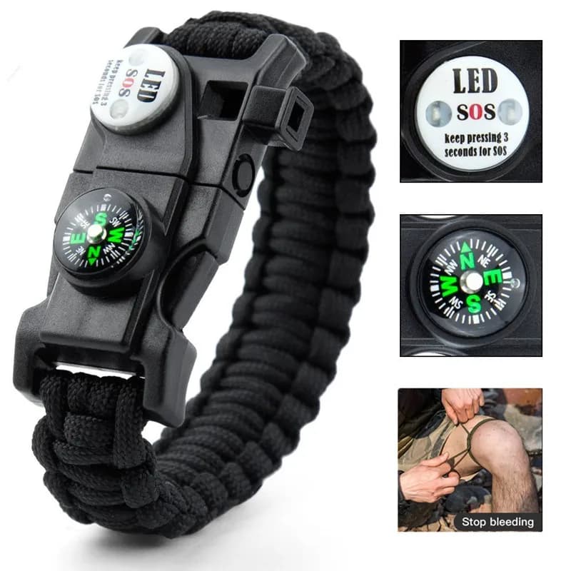 Bracciale di sopravvivenza leggero a LED SOS per esterni Paracord Corda intrecciata Uomo Donna Campeggio Strumento EDC Bussola di emergenza Fischio