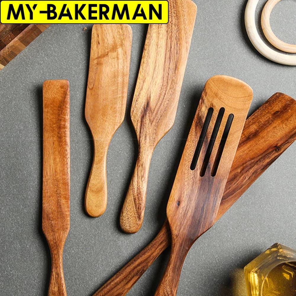 1-5pcs Set di spatole scanalate per mescolare Set di utensili da cucina in Teak naturale pentole in legno antiaderenti resistenti al calore